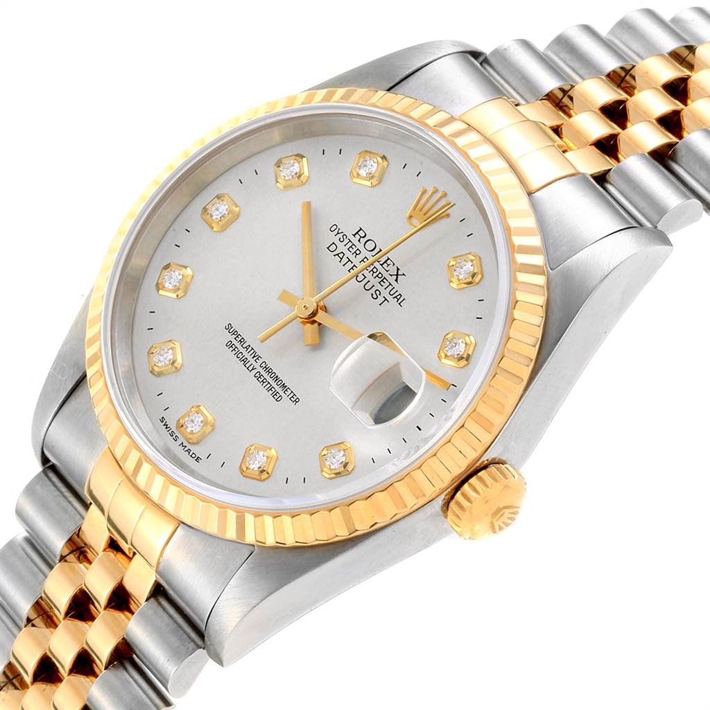 The image shows a Rolex Datejust 16233 Men's Steel and Gold (two tone) Silver Dial 16233 Men's Steel and Gold (two tone) Silver Dial watch at a slight angle, highlighting the bezel, face, crown, and part of the bracelet.