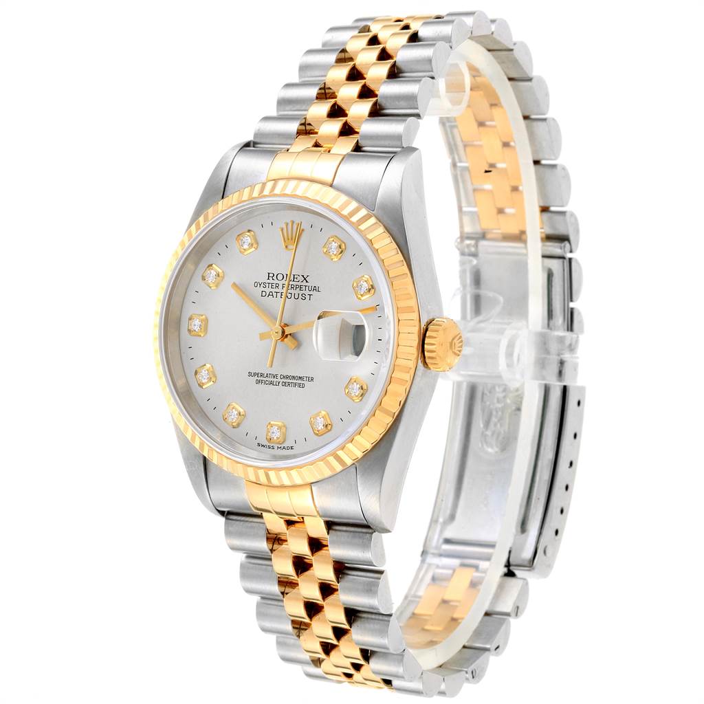 The image shows a Rolex Datejust 16233 Men's Steel and Gold (two tone) Silver Dial 16233 Men's Steel and Gold (two tone) Silver Dial watch from an angled perspective, highlighting the face, bezel, and two-tone bracelet.