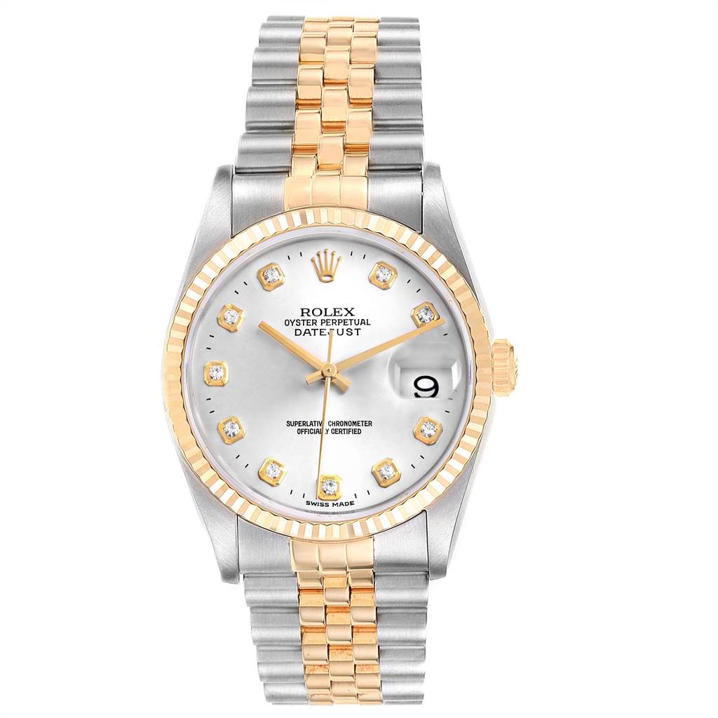 This Rolex Datejust 16233 Men's Steel and Gold (two tone) Silver Dial 16233 Men's Steel and Gold (two tone) Silver Dial model is shown from a front angle, displaying its face, bezel, crown, and bracelet.