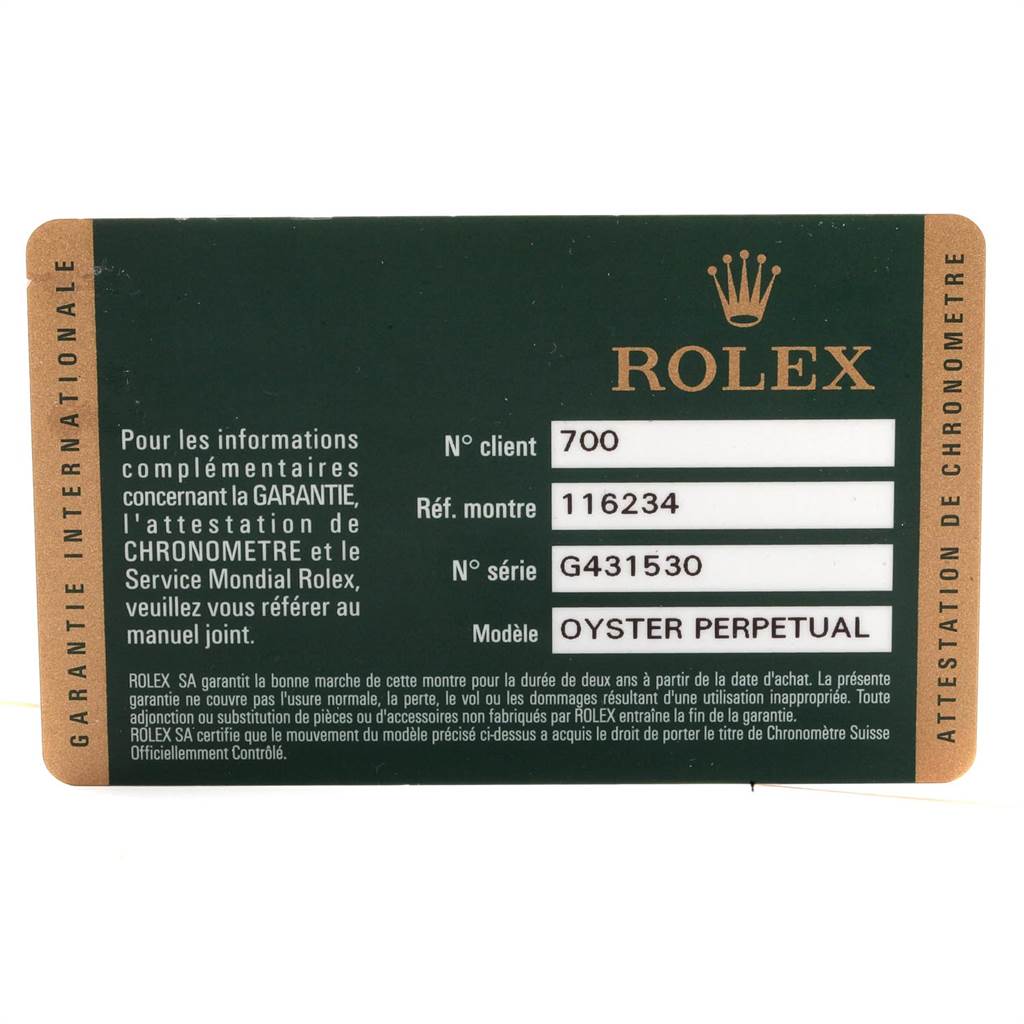 This image shows the warranty card for the Rolex Datejust 116234 Men's Stainless Steel Blue Dial 116234 Men's Stainless Steel Blue Dial model with reference number 116234.