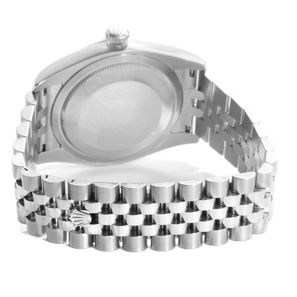 The image shows the back case and stainless steel bracelet of a Rolex Datejust 116234 Men's Stainless Steel Blue Dial 116234 Men's Stainless Steel Blue Dial watch, viewed from the rear.