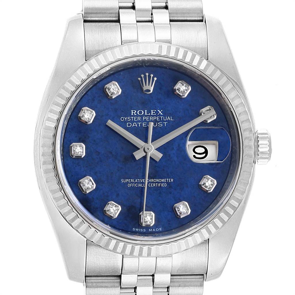 This image shows a front view of a Rolex Datejust 116234 Men's Stainless Steel Blue Dial 116234 Men's Stainless Steel Blue Dial watch, displaying its blue dial, diamond hour markers, and date window.