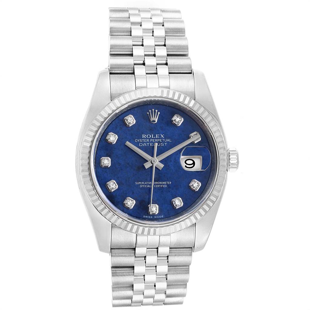 The image shows a front view of the Rolex Datejust 116234 Men's Stainless Steel Blue Dial 116234 Men's Stainless Steel Blue Dial watch displaying the dial, bezel, and bracelet.