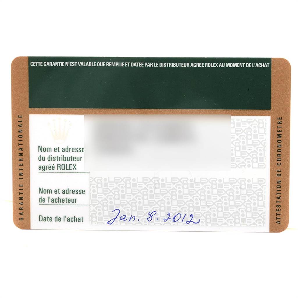 The image shows a warranty card for a Rolex Datejust 116234 Men's Stainless Steel Blue Dial 116234 Men's Stainless Steel Blue Dial model with information about the distributor and purchase date.