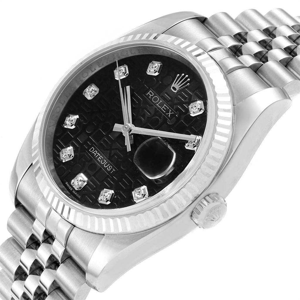 This image shows a Rolex Datejust 116234 Men's Stainless Steel Black Dial 116234 Men's Stainless Steel Black Dial watch at an angled close-up, highlighting the black dial, diamond markers, bezel, crown, and part of the bracelet.