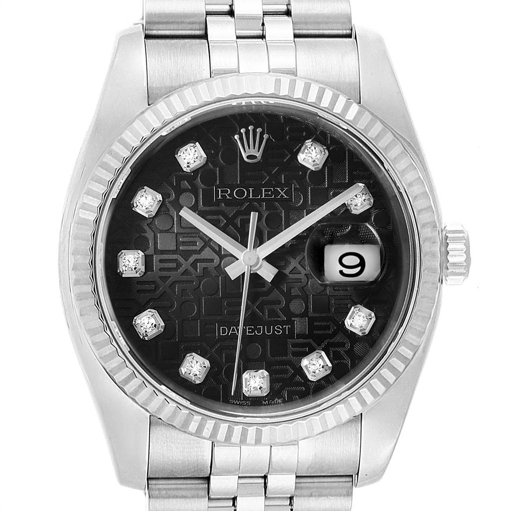 The image shows a front view of the Rolex Datejust 116234 Men's Stainless Steel Black Dial 116234 Men's Stainless Steel Black Dial watch, highlighting the dial, bezel, crown, and part of the bracelet.