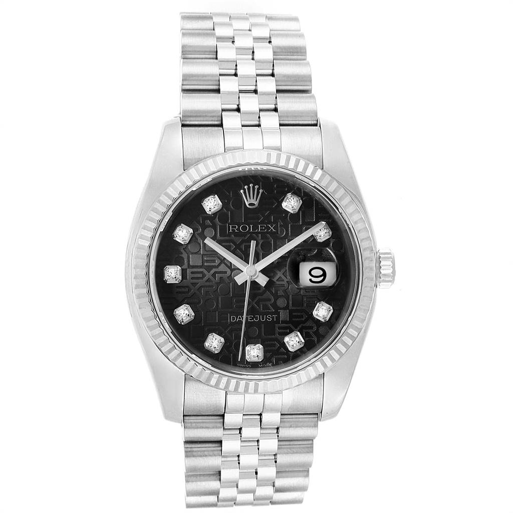 This image shows a frontal view of the Rolex Datejust 116234 Men's Stainless Steel Black Dial 116234 Men's Stainless Steel Black Dial watch, highlighting its black dial with diamond markers and jubilee bracelet.