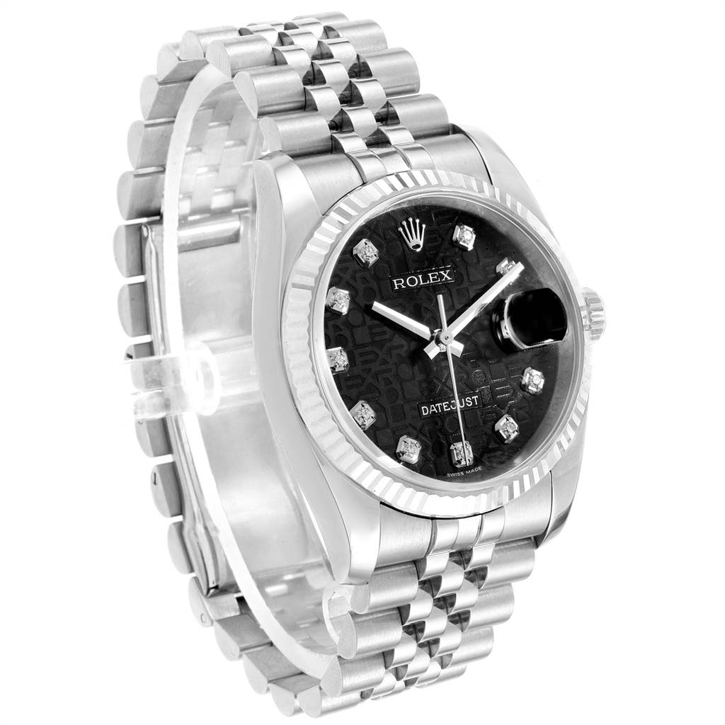 This image shows a Rolex Datejust 116234 Men's Stainless Steel Black Dial 116234 Men's Stainless Steel Black Dial watch at a three-quarter angle, highlighting its face, bezel, and bracelet.