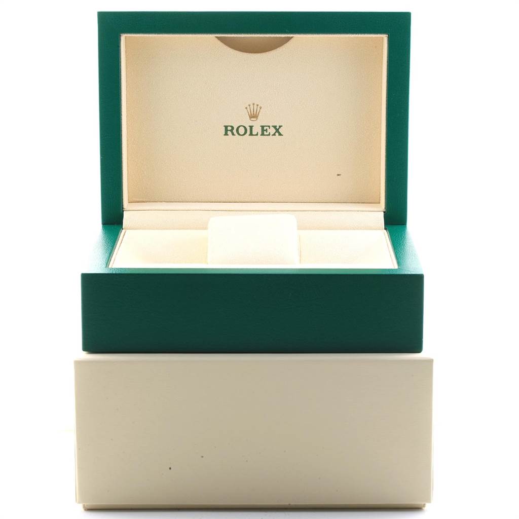 This image shows an opened Rolex Datejust 126334 Men
s Stainless Steel Grey Dial 126334 Men
s Stainless Steel Grey Dial watch box, revealing its interior compartments.