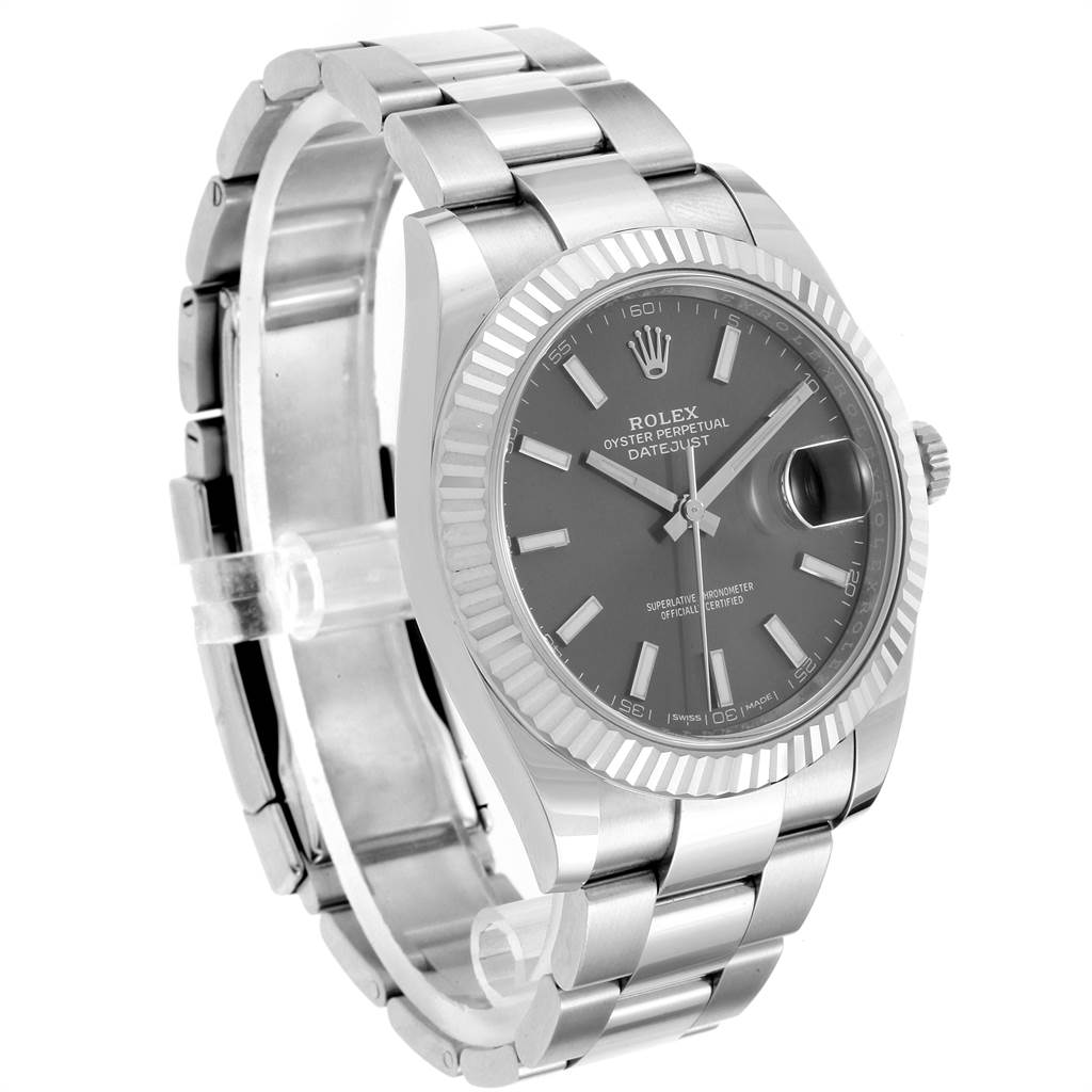 This image shows a Rolex Datejust 126334 Men
s Stainless Steel Grey Dial 126334 Men
s Stainless Steel Grey Dial watch at a slight angle, highlighting its face, bezel, and bracelet.