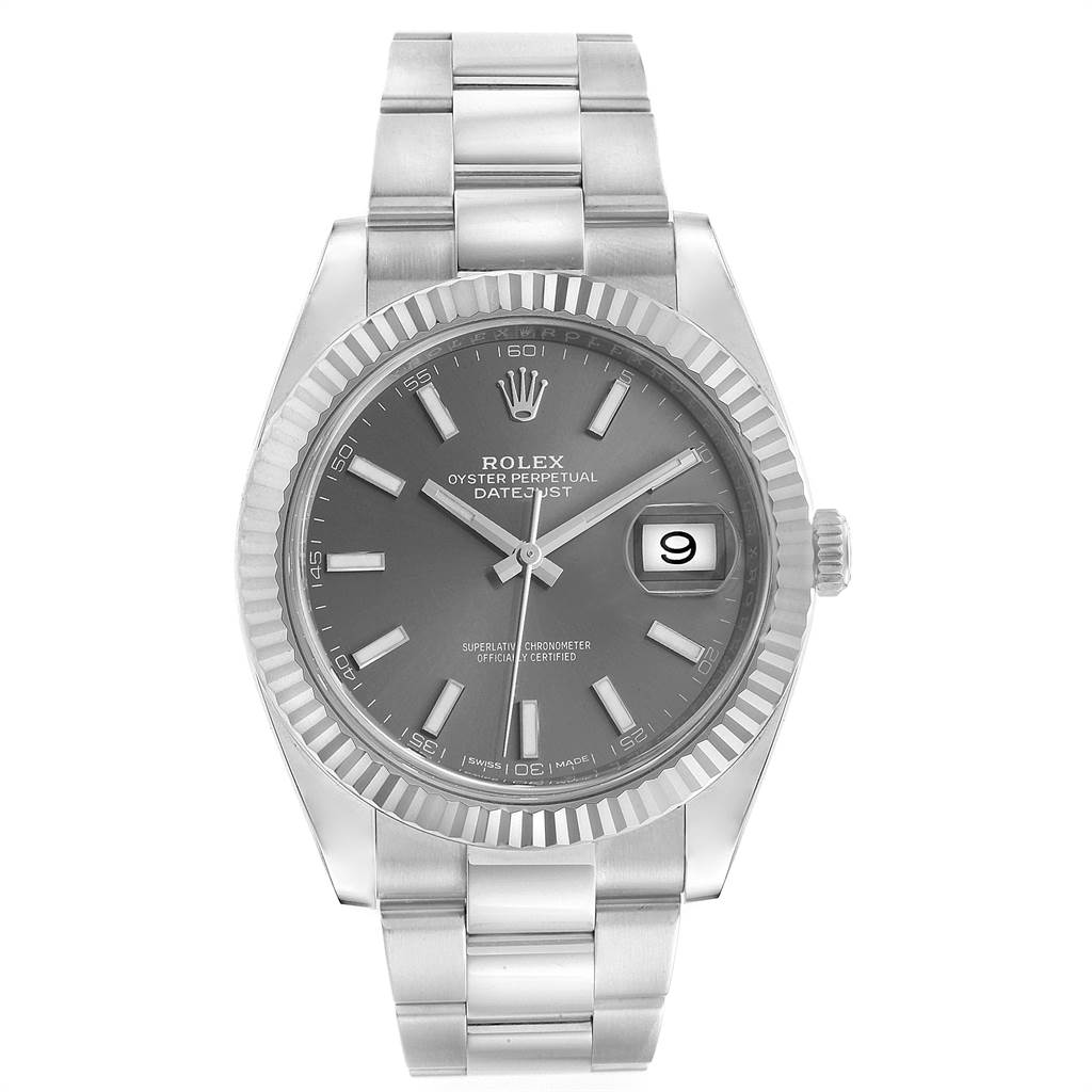 This image shows a front view of a Rolex Datejust 126334 Men
s Stainless Steel Grey Dial 126334 Men
s Stainless Steel Grey Dial watch, displaying the dial, hands, bracelet, and date window.