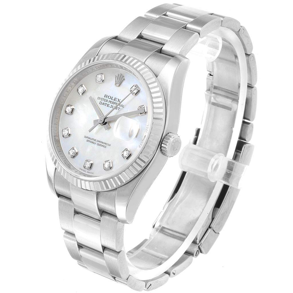 The image shows a Rolex Datejust 116234 Men's Stainless Steel Mother of Pearl Dial 116234 Men's Stainless Steel Mother of Pearl Dial watch angled from the front-left, displaying the face, bezel, crown, and bracelet.