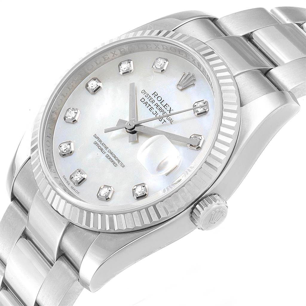 The Rolex Datejust 116234 Men's Stainless Steel Mother of Pearl Dial 116234 Men's Stainless Steel Mother of Pearl Dial watch is shown at an oblique angle, highlighting its face, dial, bezel, and part of the bracelet.