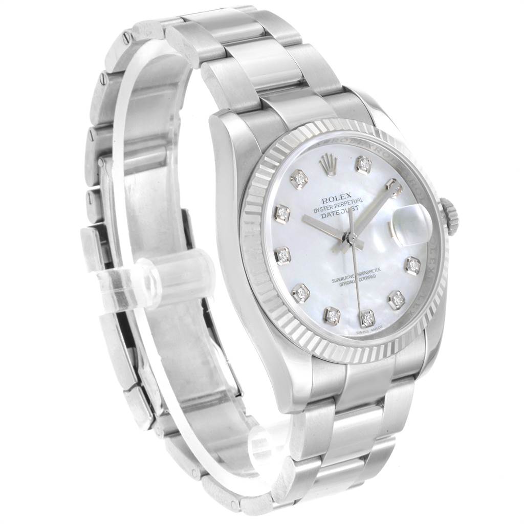 This Rolex Datejust 116234 Men's Stainless Steel Mother of Pearl Dial 116234 Men's Stainless Steel Mother of Pearl Dial model watch is shown at a slight angle, highlighting the bracelet, bezel, and dial with diamond hour markers.