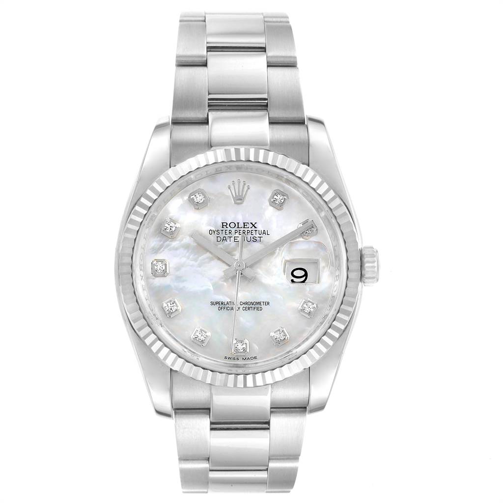 This image shows a Rolex Datejust 116234 Men's Stainless Steel Mother of Pearl Dial 116234 Men's Stainless Steel Mother of Pearl Dial watch from a front angle, highlighting its face, bezel, and bracelet.