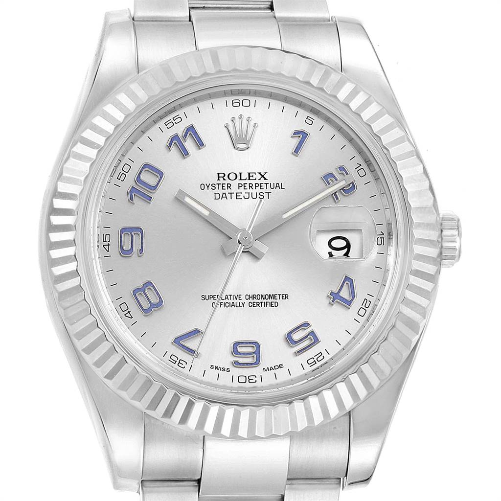 The image shows a front view of a Rolex Datejust 116334 Men
s Stainless Steel Grey Dial 116334 Men
s Stainless Steel Grey Dial watch, highlighting its dial, bezel, and part of the bracelet.