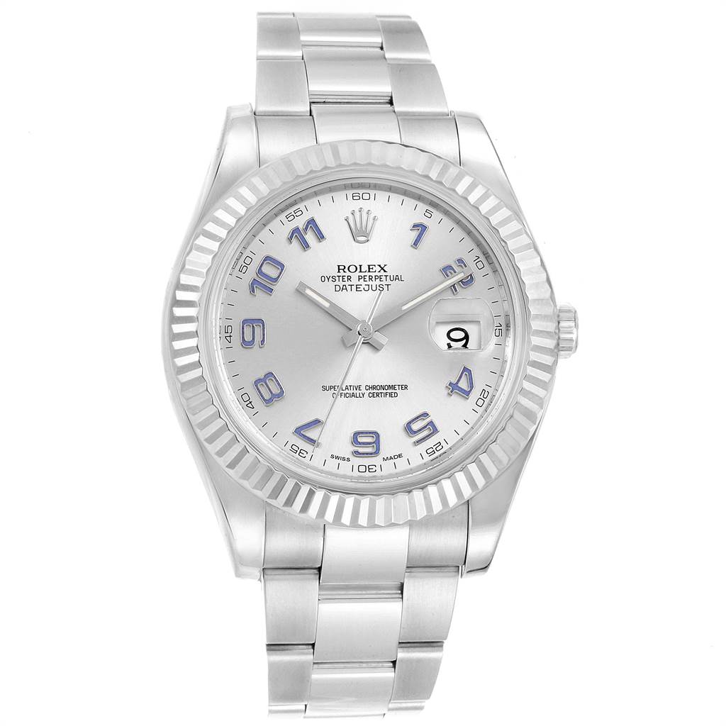 This image shows a front view of the Rolex Datejust 116334 Men
s Stainless Steel Grey Dial 116334 Men
s Stainless Steel Grey Dial watch, highlighting the dial, bezel, and bracelet.