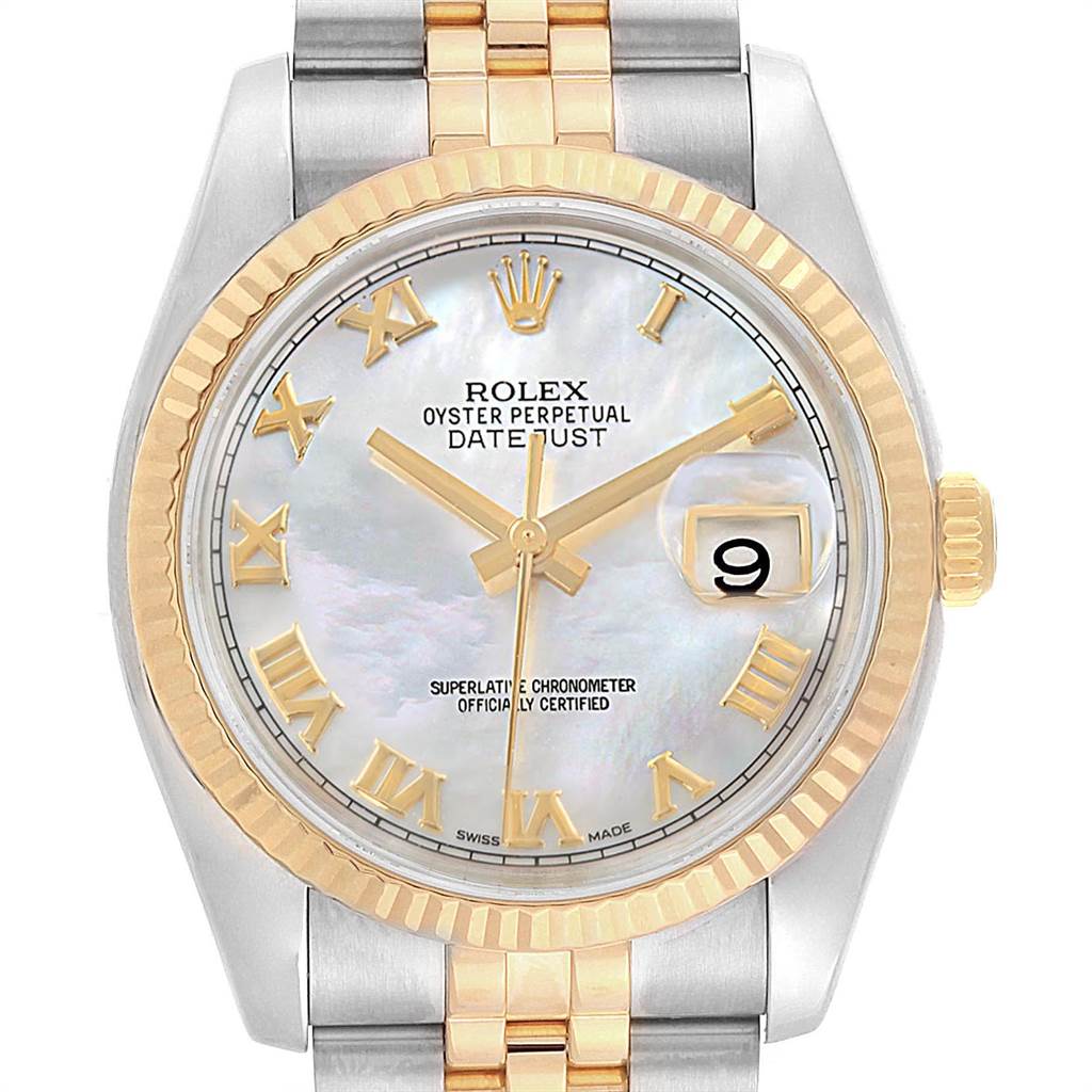 The image shows the face, dial, bezel, and part of the bracelet of a Rolex Datejust 116233 Men's Stainless Steel Mother of Pearl Dial 116233 Men's Stainless Steel Mother of Pearl Dial watch.