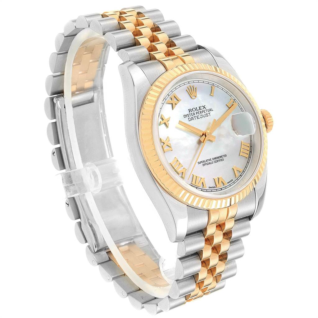 The image shows a Rolex Datejust 116233 Men's Stainless Steel Mother of Pearl Dial 116233 Men's Stainless Steel Mother of Pearl Dial watch at an angled view, highlighting the face, bezel, and two-tone bracelet.