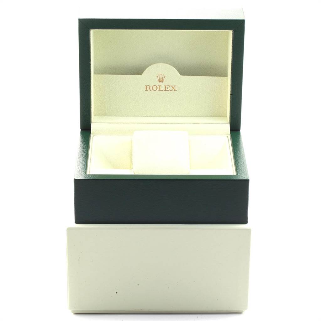 The image shows an open Rolex Datejust 116233 Men's Stainless Steel Mother of Pearl Dial 116233 Men's Stainless Steel Mother of Pearl Dial watch box from a front angle without the watch inside.