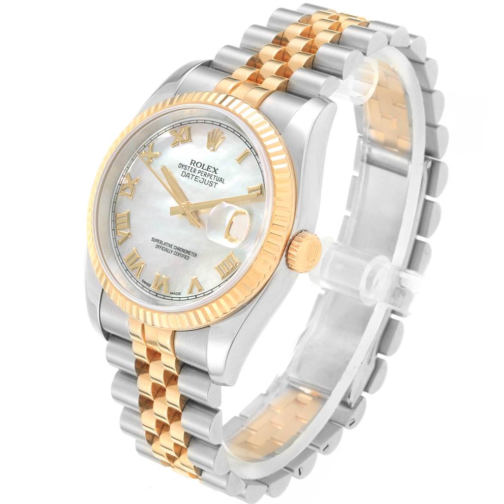 This Rolex Datejust 116233 Men's Stainless Steel Mother of Pearl Dial 116233 Men's Stainless Steel Mother of Pearl Dial watch is shown at a three-quarter angle, highlighting its face, crown, and two-tone bracelet.
