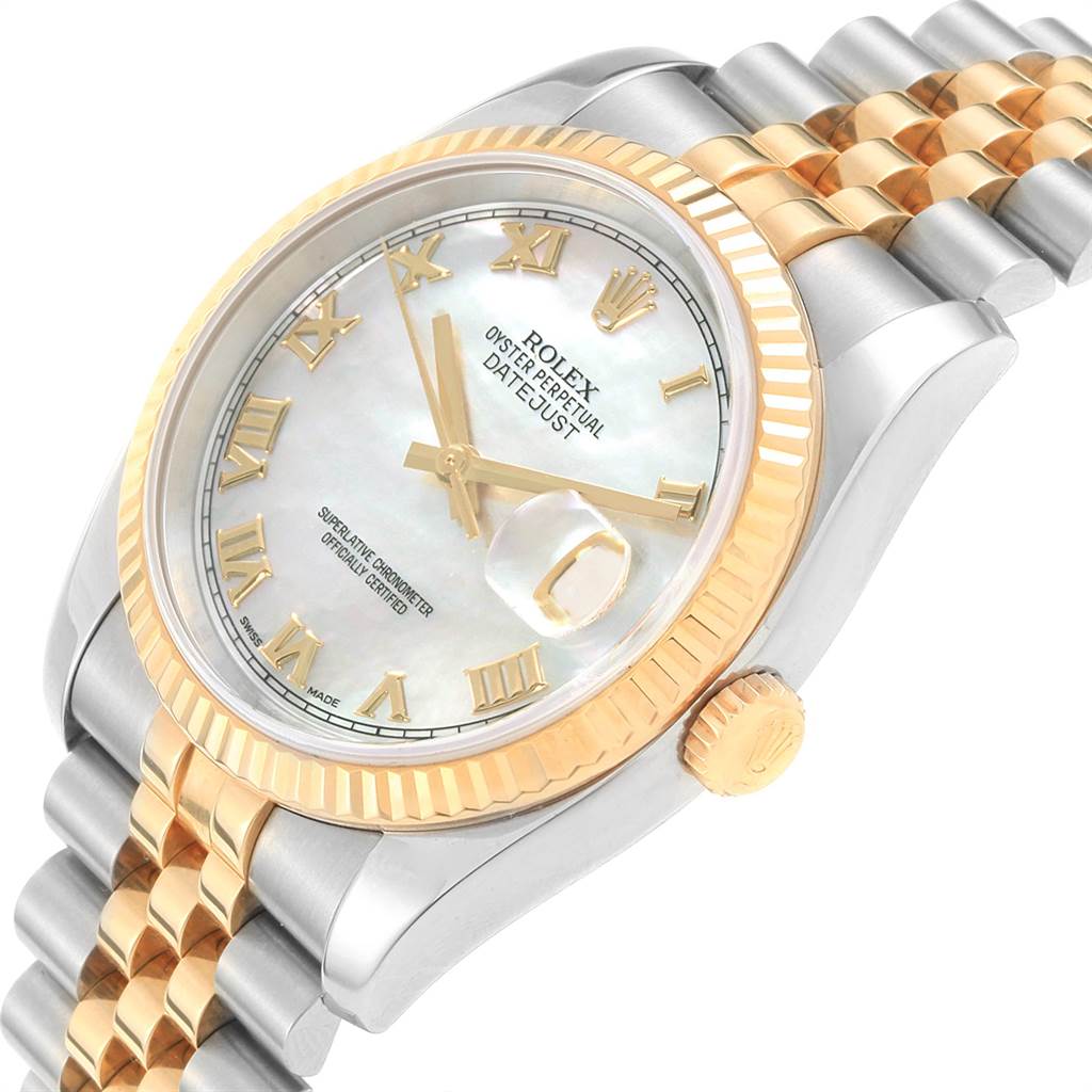 The image shows a close-up angled view of a Rolex Datejust 116233 Men's Stainless Steel Mother of Pearl Dial 116233 Men's Stainless Steel Mother of Pearl Dial watch, highlighting its face, bezel, crown, and part of the bracelet.
