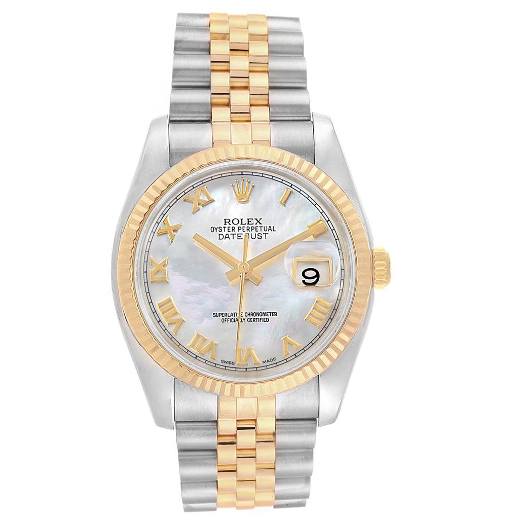 This Rolex Datejust 116233 Men's Stainless Steel Mother of Pearl Dial 116233 Men's Stainless Steel Mother of Pearl Dial watch is shown from a frontal angle displaying the dial, bezel, and bracelet clearly.