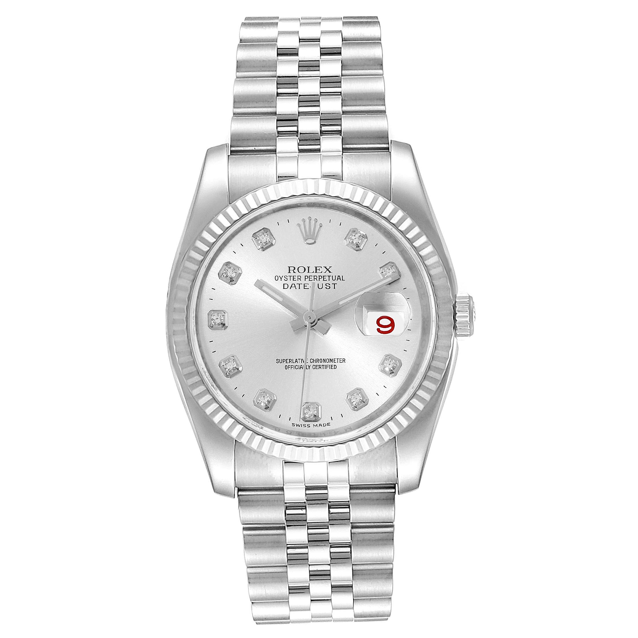 The image shows a front view of a Rolex Datejust 116234 Men's Stainless Steel Silver Dial 116234 Men's Stainless Steel Silver Dial watch, highlighting the dial, bezel, and bracelet.