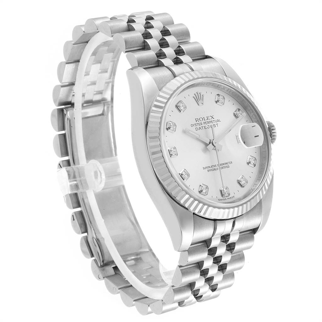 This image shows a Rolex Datejust 116234 Men's Stainless Steel Silver Dial 116234 Men's Stainless Steel Silver Dial watch from an angled side view, displaying the face, bezel, and bracelet.