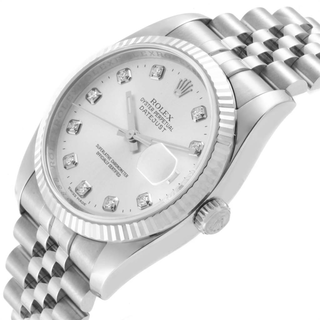 This image shows a Rolex Datejust 116234 Men's Stainless Steel Silver Dial 116234 Men's Stainless Steel Silver Dial watch from an oblique angle highlighting its face, crown, and bracelet.