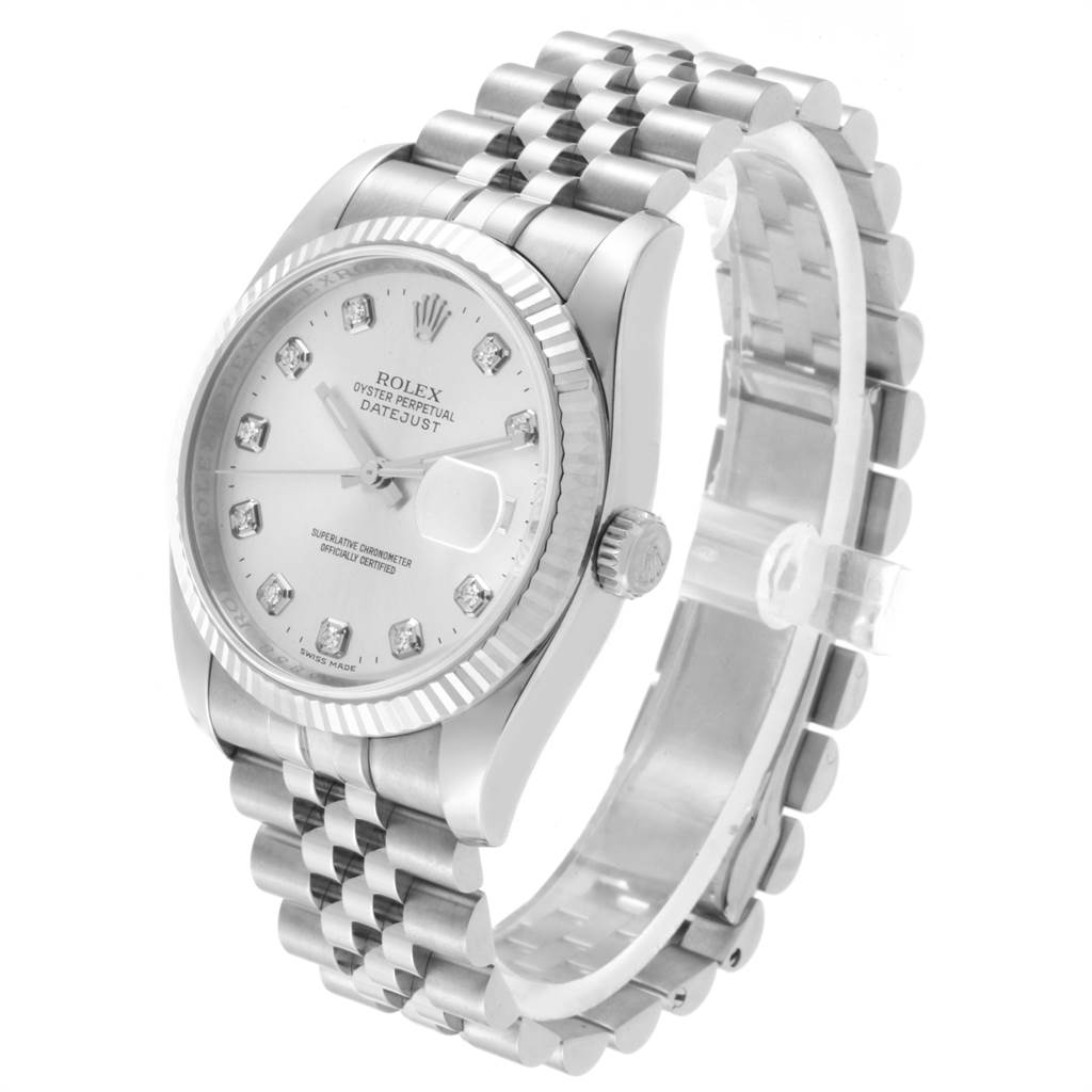 This image shows a Rolex Datejust 116234 Men's Stainless Steel Silver Dial 116234 Men's Stainless Steel Silver Dial watch angled to display its face, crown, and Jubilee bracelet.