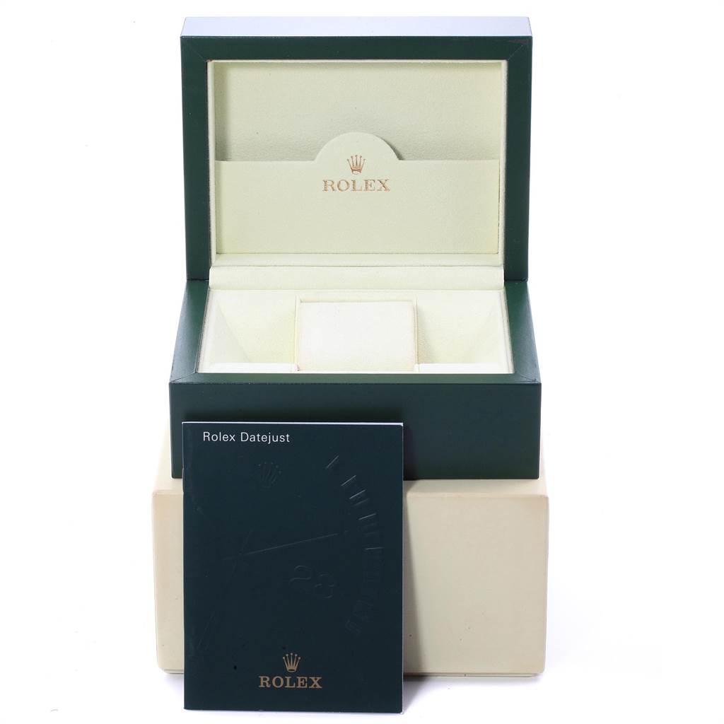 The image shows an open Rolex Datejust 116234 Men's Stainless Steel Silver Dial 116234 Men's Stainless Steel Silver Dial watch box and a booklet with the model name.