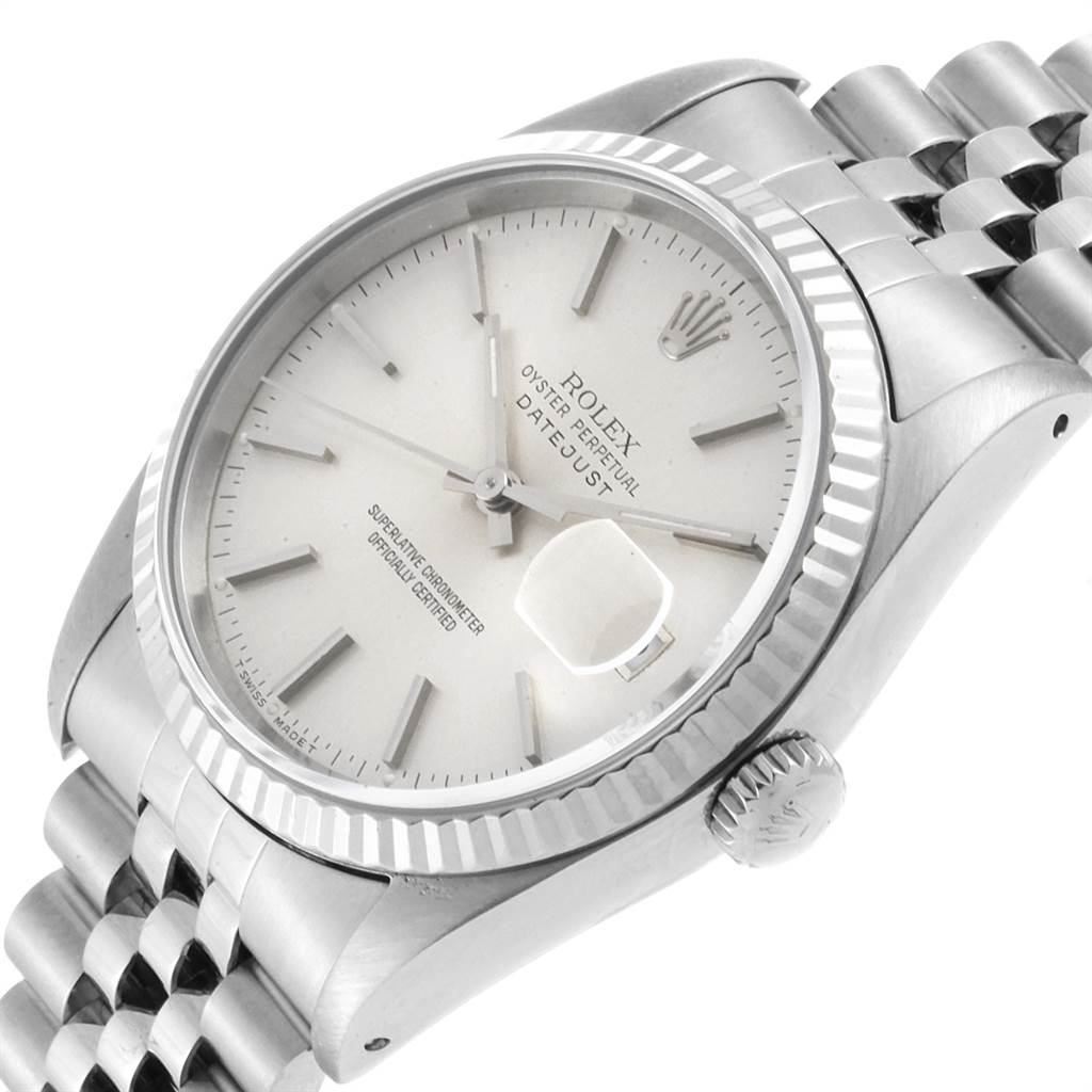 The image shows a Rolex Datejust 16234 Men's Stainless Steel Silver Dial 16234 Men's Stainless Steel Silver Dial watch at an angle highlighting the face, crown, and part of the bracelet.