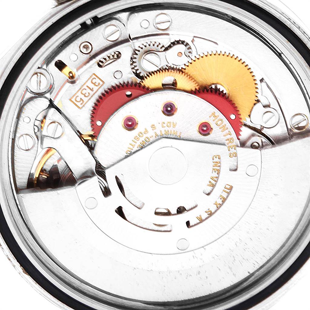 This image shows the intricate internal mechanism and gears of a Rolex Datejust 16234 Men's Stainless Steel Silver Dial 16234 Men's Stainless Steel Silver Dial watch, viewed from the back.