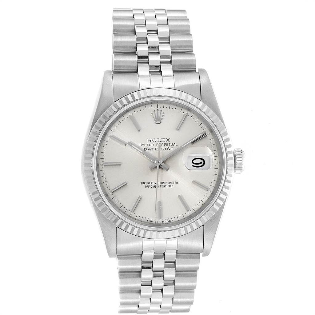 This image shows a front view of a Rolex Datejust 16234 Men's Stainless Steel Silver Dial 16234 Men's Stainless Steel Silver Dial watch, displaying the face, bezel, and bracelet.