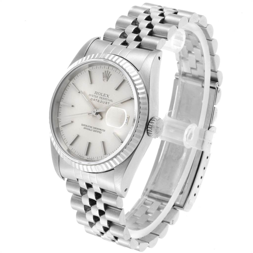 The Rolex Datejust 16234 Men's Stainless Steel Silver Dial 16234 Men's Stainless Steel Silver Dial watch is shown at a slight angle, highlighting the face, bezel, crown, and Jubilee bracelet.