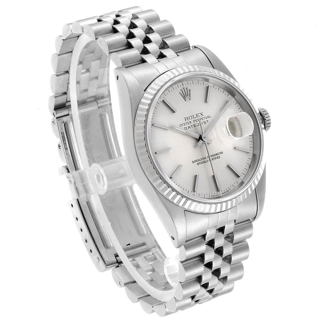 The image shows a Rolex Datejust 16234 Men's Stainless Steel Silver Dial 16234 Men's Stainless Steel Silver Dial watch from an angled side view, highlighting its face, bracelet, and crown.
