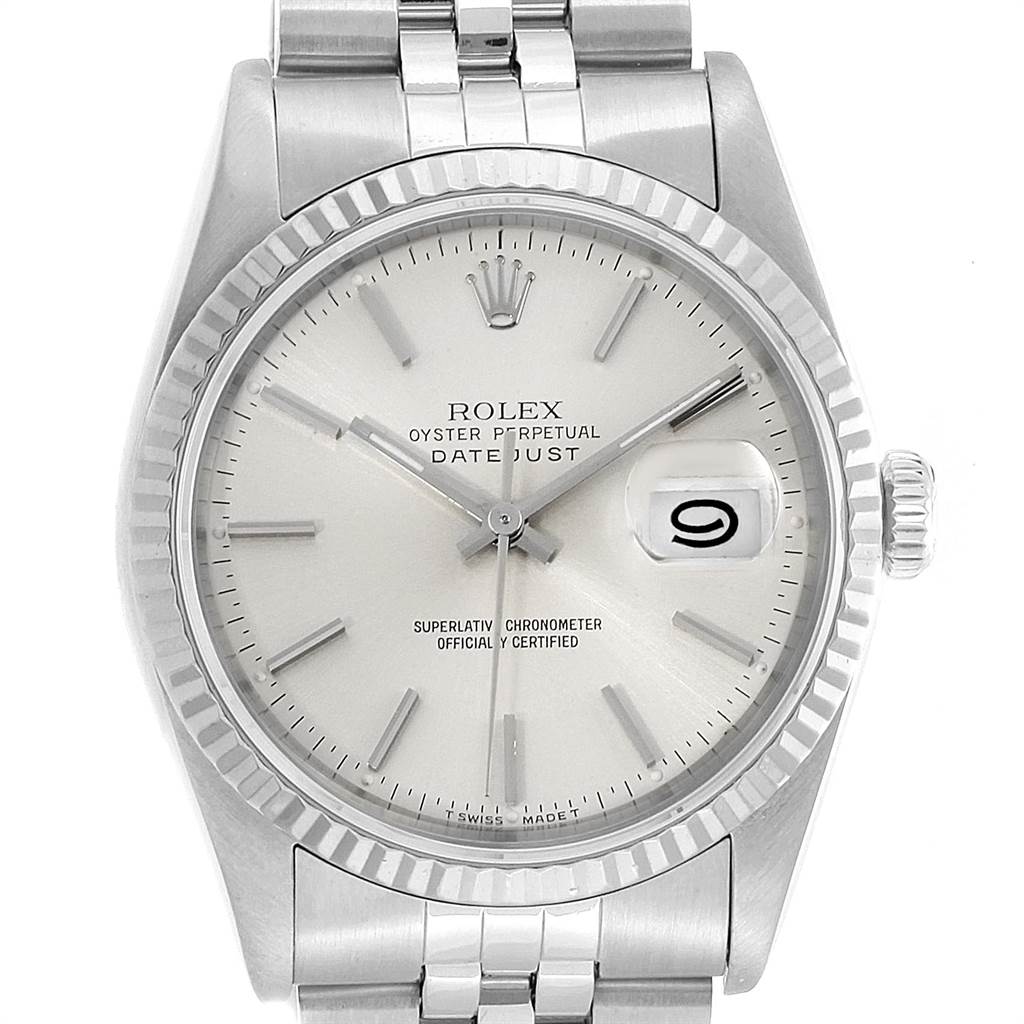 The image shows the face and bracelet of a Rolex Datejust 16234 Men's Stainless Steel Silver Dial 16234 Men's Stainless Steel Silver Dial watch, viewed from the front.