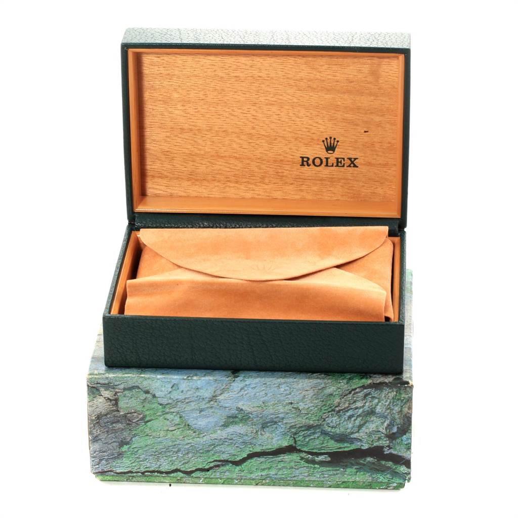 This image shows the opened packaging box for a Rolex Datejust 16234 Men's Stainless Steel Silver Dial 16234 Men's Stainless Steel Silver Dial watch, revealing a velvet pouch inside.