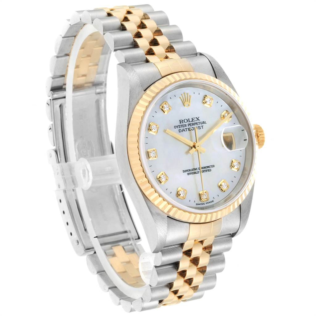 This image shows a side angle of the Rolex Datejust 16233 Men's Steel and Gold (two tone) Mother of Pearl Dial 16233 Men's Steel and Gold (two tone) Mother of Pearl Dial watch, highlighting its dial, bezel, and two-tone bracelet.