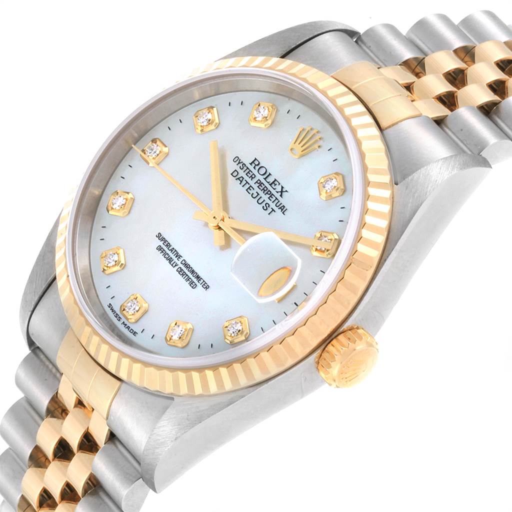 The image shows a Rolex Datejust 16233 Men's Steel and Gold (two tone) Mother of Pearl Dial 16233 Men's Steel and Gold (two tone) Mother of Pearl Dial watch at an angled view, displaying the face, bezel, crown, and part of the bracelet.