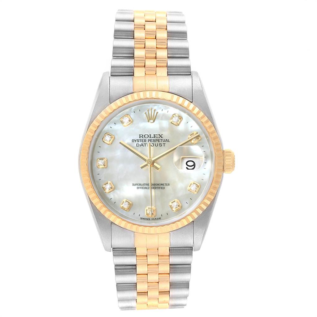 This image shows a Rolex Datejust 16233 Men's Steel and Gold (two tone) Mother of Pearl Dial 16233 Men's Steel and Gold (two tone) Mother of Pearl Dial watch from a front angle, featuring its dial, case, bezel, and jubilee bracelet.
