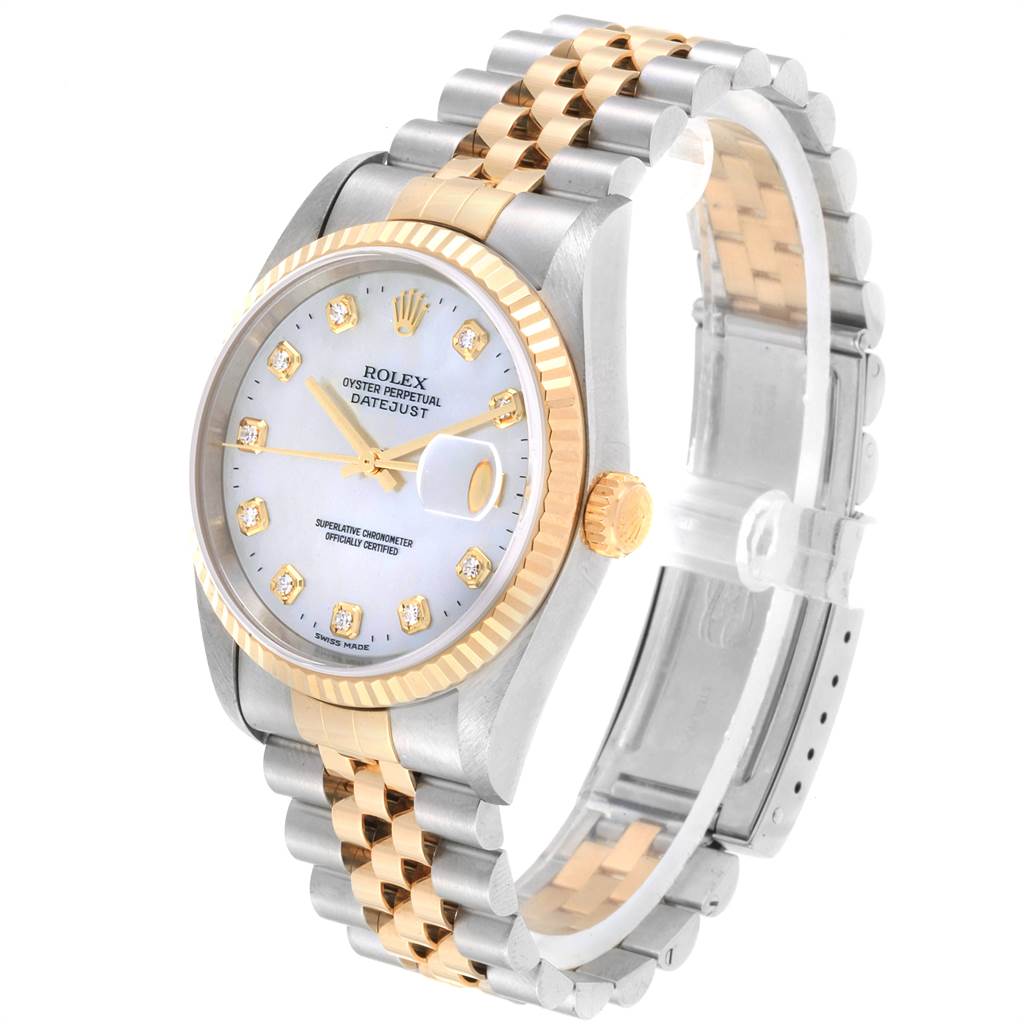 The image shows a Rolex Datejust 16233 Men's Steel and Gold (two tone) Mother of Pearl Dial 16233 Men's Steel and Gold (two tone) Mother of Pearl Dial watch at a three-quarter angle, highlighting the face, crown, and two-tone bracelet.