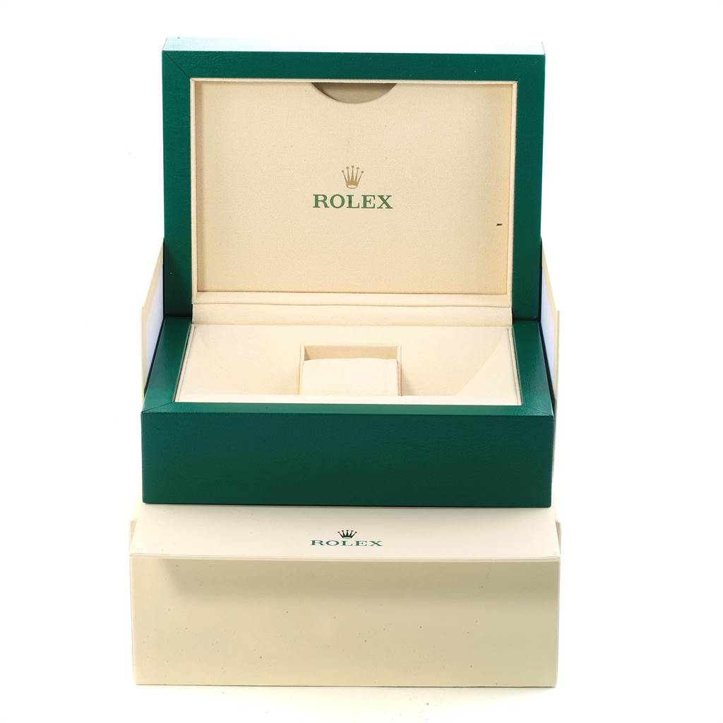 The image shows the open Rolex Datejust 116334 Men
s Stainless Steel Grey Dial 116334 Men
s Stainless Steel Grey Dial watch box, highlighting its interior and the exterior packaging.