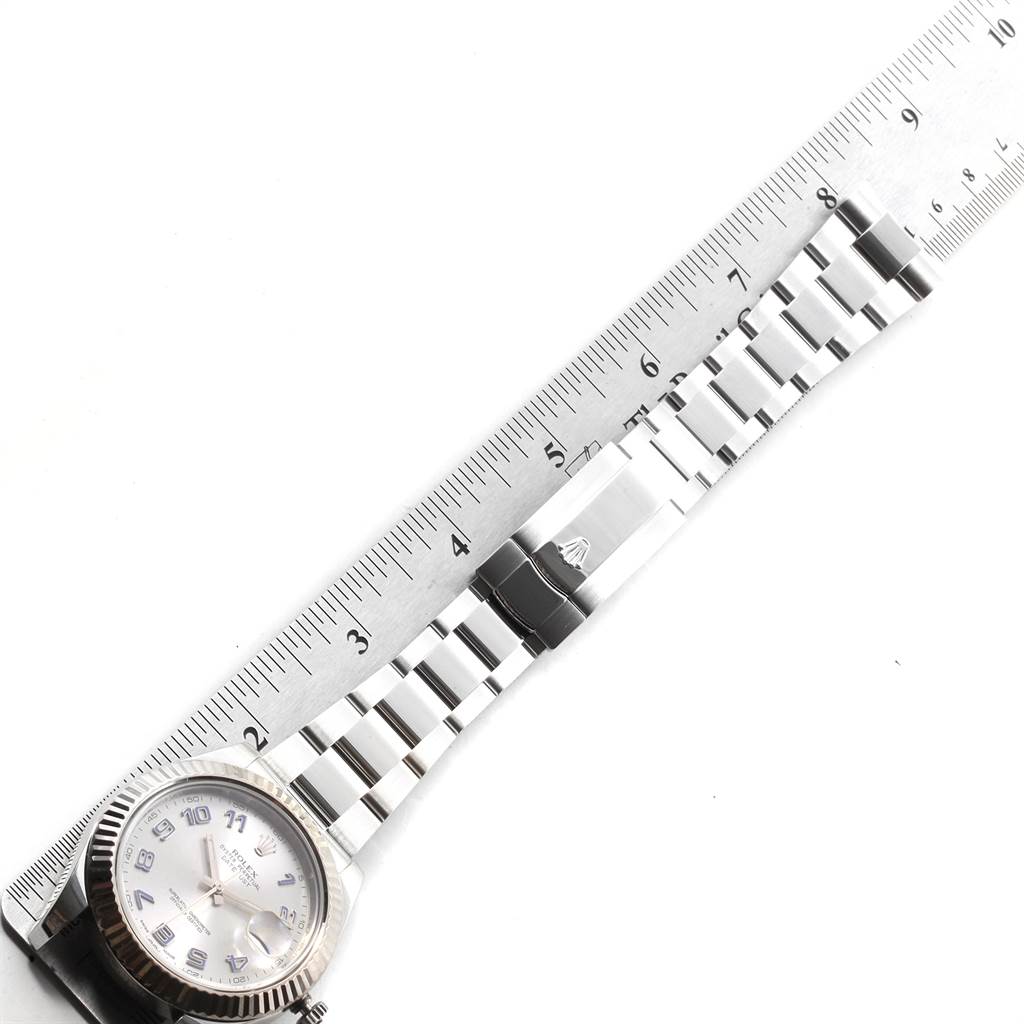 This image shows a flat view of the Rolex Datejust 116334 Men
s Stainless Steel Grey Dial 116334 Men
s Stainless Steel Grey Dial watch and bracelet, aligned with a ruler for measurement.
