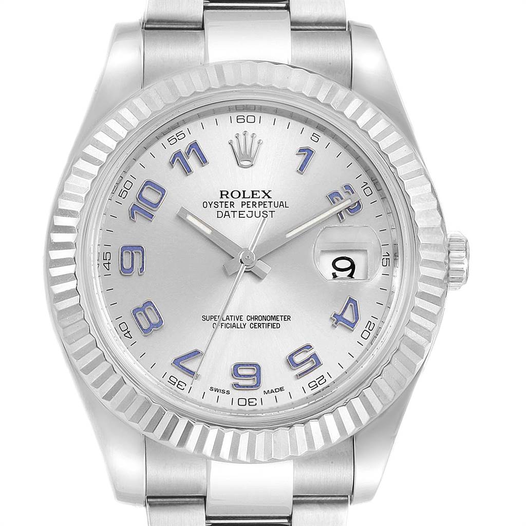 The image shows a front view of a Rolex Datejust 116334 Men
s Stainless Steel Grey Dial 116334 Men
s Stainless Steel Grey Dial watch, highlighting its face, bezel, crown, and part of the bracelet.