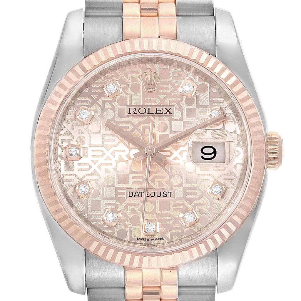 This image shows a close-up of the face of a Rolex Datejust 116231 Men's Steel and Gold (two tone) Pink Dial 116231 Men's Steel and Gold (two tone) Pink Dial watch, featuring its dial, bezel, and part of the bracelet.