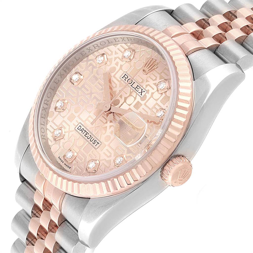 This is a close-up angled shot of a Rolex Datejust 116231 Men's Steel and Gold (two tone) Pink Dial 116231 Men's Steel and Gold (two tone) Pink Dial watch, showing the dial, crown, bezel, and part of the bracelet.