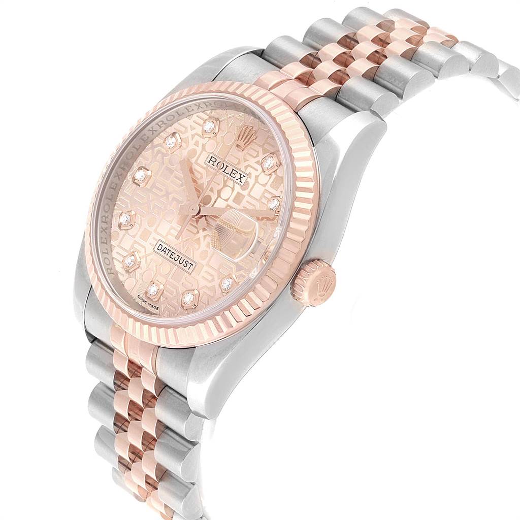 The image shows a Rolex Datejust 116231 Men's Steel and Gold (two tone) Pink Dial 116231 Men's Steel and Gold (two tone) Pink Dial watch at an angled side view, highlighting the dial, bezel, crown, and bracelet.