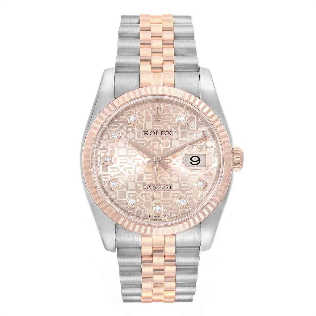This Rolex Datejust 116231 Men's Steel and Gold (two tone) Pink Dial 116231 Men's Steel and Gold (two tone) Pink Dial watch is shown from the front, displaying its dial, bezel, crown, and two-tone bracelet.